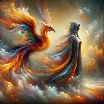 The primary subject of the image is a woman dressed in a long, flowing robe. She is standing in front of a large, colorful bird, which appears to be a dragon or a bird with a long tail. The setting is a cloudy sky, and the visual style is a painting or digital art. The colors and mood of the image are vibrant and dramatic, with the woman and the bird creating a sense of magic and wonder.